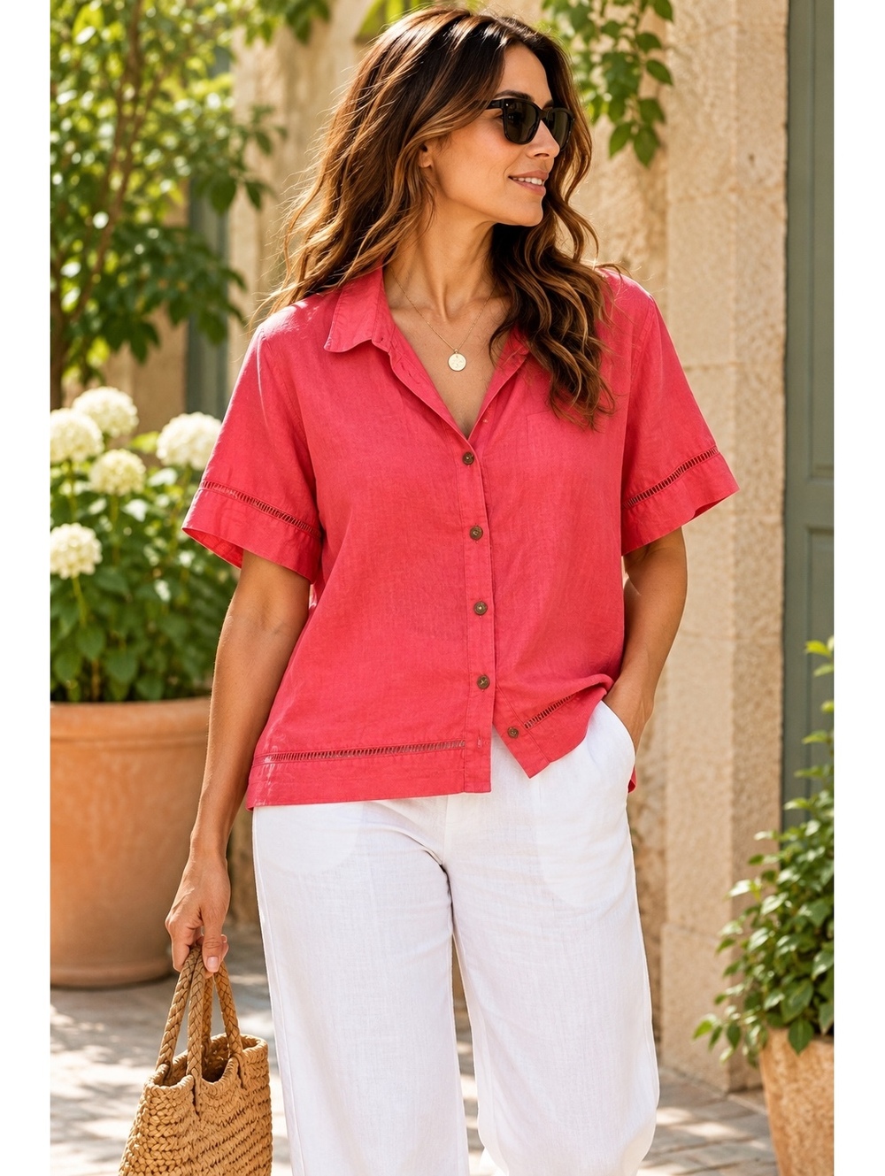 Sag Harbor Women's Pink Linen Button-Up Shirt Size 16